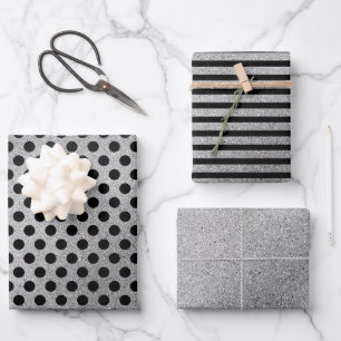 Silver Black Polka Dots Streifen Weihnachtsfeierta Geschenkpapier Set