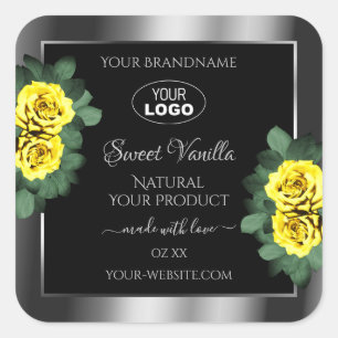 Silver Black Product Labels Gelbe Rosen mit Logo Quadratischer Aufkleber