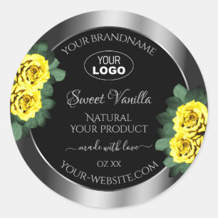 Silver Black Product Labels Gelbe Rosen mit Logo Runder Aufkleber