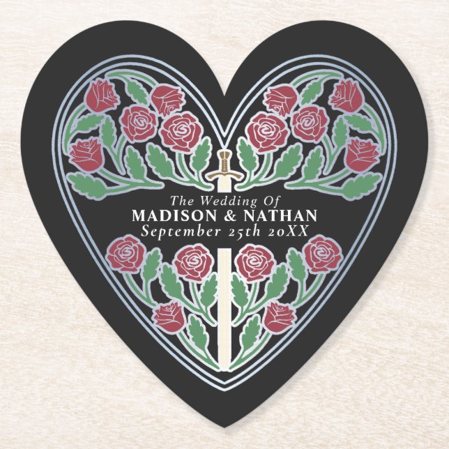 Silver Black Royal Medieval Floral Sword Wedding Untersetzer (Vorderseite)