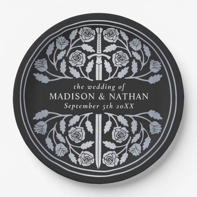 Silver Black Royal Medieval Sword Wedding  Pappteller (Vorderseite)