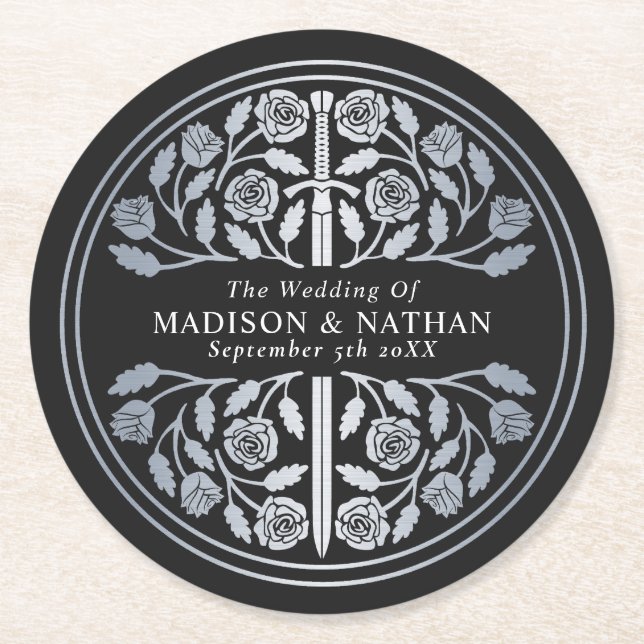 Silver Black Royal Medieval Sword Wedding Runder Pappuntersetzer (Vorderseite)