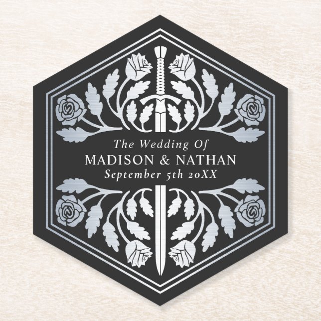 Silver Black Royal Medieval Sword Wedding Untersetzer (Vorderseite)