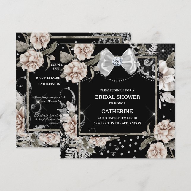 Silver Black Shabby Chic Rose paris chic bow Einladung (Vorne/Hinten)