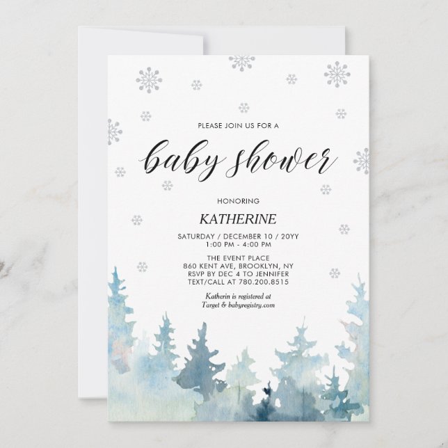 Silver & Black Snowflake Winter Forest Baby Shower Einladung (Vorderseite)