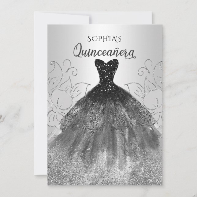 Silver Black Sparkle Dress Quinceañera Quince Einladung (Vorderseite)