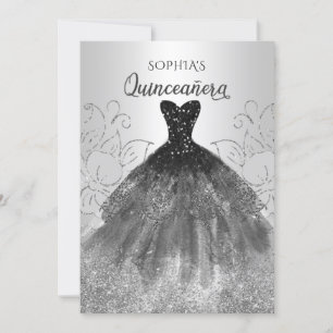 Silver Black Sparkle Dress Quinceañera Quince Einladung