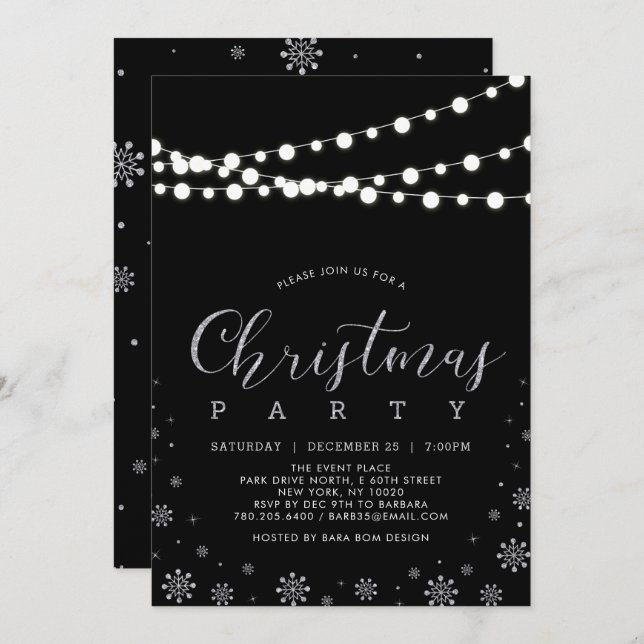Silver & Black | String Lights Christmas Party Einladung (Vorne/Hinten)