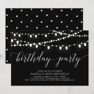 Silver & Black String Lights Erwachsene Geburtstag Einladung