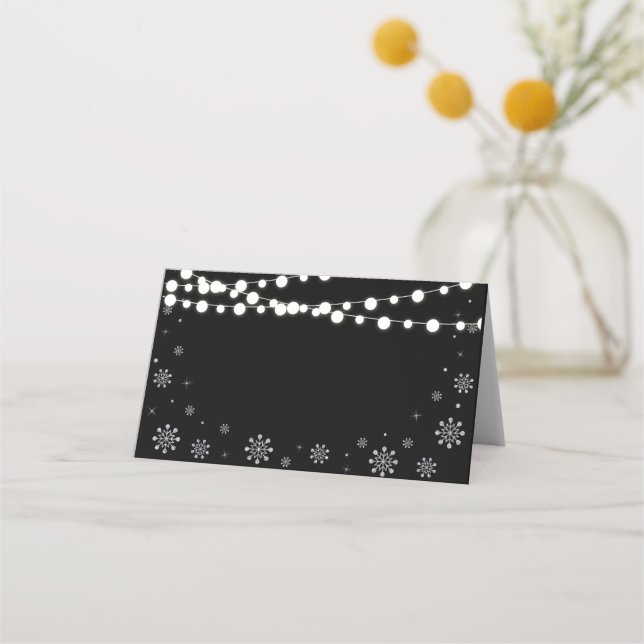 Silver & Black String Lights Winterdusche Platzkarte (Vorderseite)