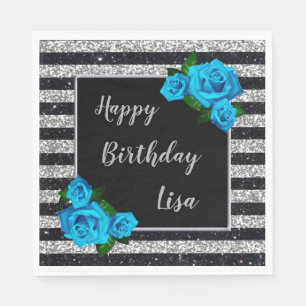 Silver Black Stripes Glitzer Blue Rose Geburtstag Serviette