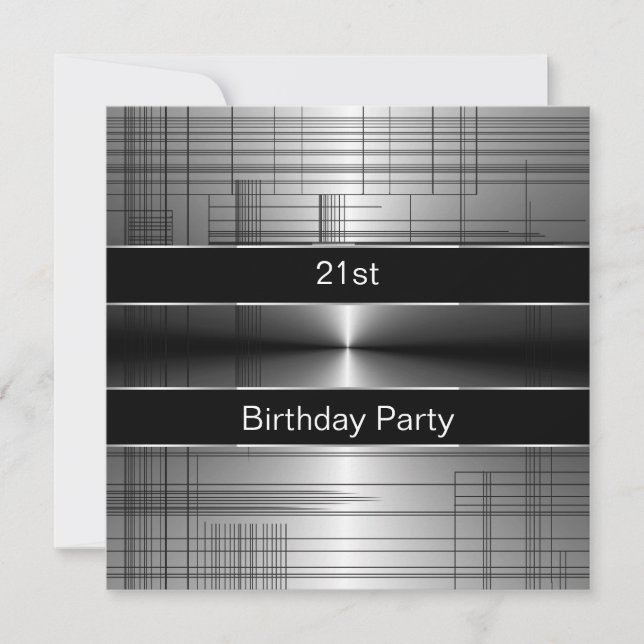 Silver Black Stripes Mans 21. Geburtstag Party Einladung (Vorderseite)