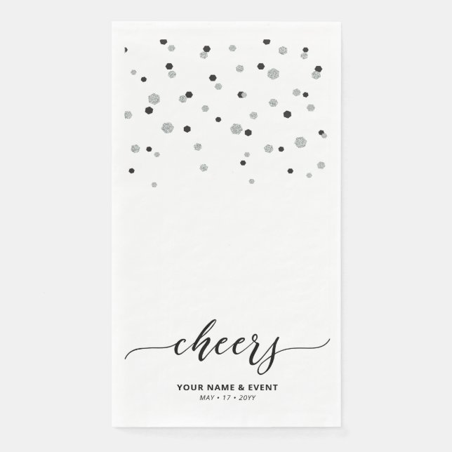 Silver Black Stylish Script Confetti Cheers Party Serviette (Vorderseite)