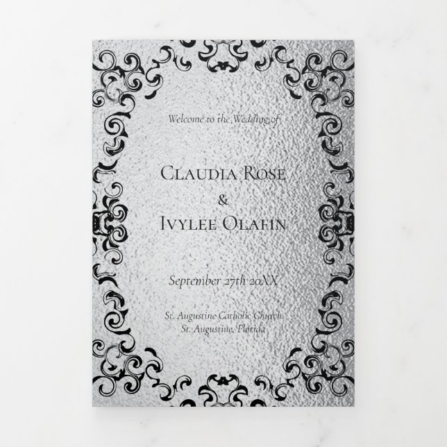 Silver & Black Swirl Gothic Wedding Dreifach-gefaltete Programmkarte (Cover)