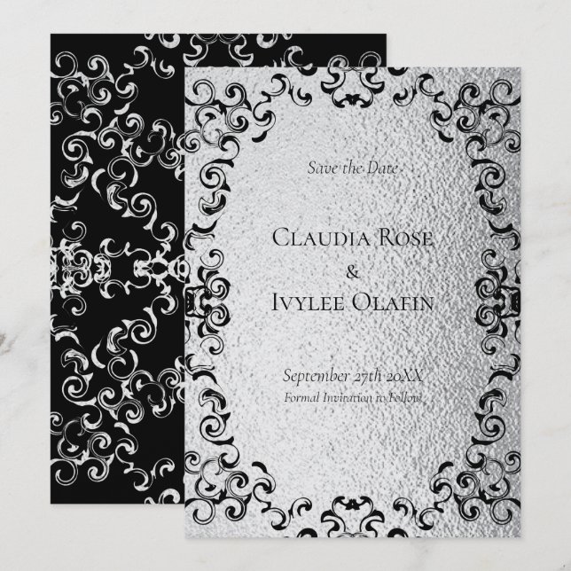 Silver & Black Swirl Gothic Wedding Einladung (Vorne/Hinten)