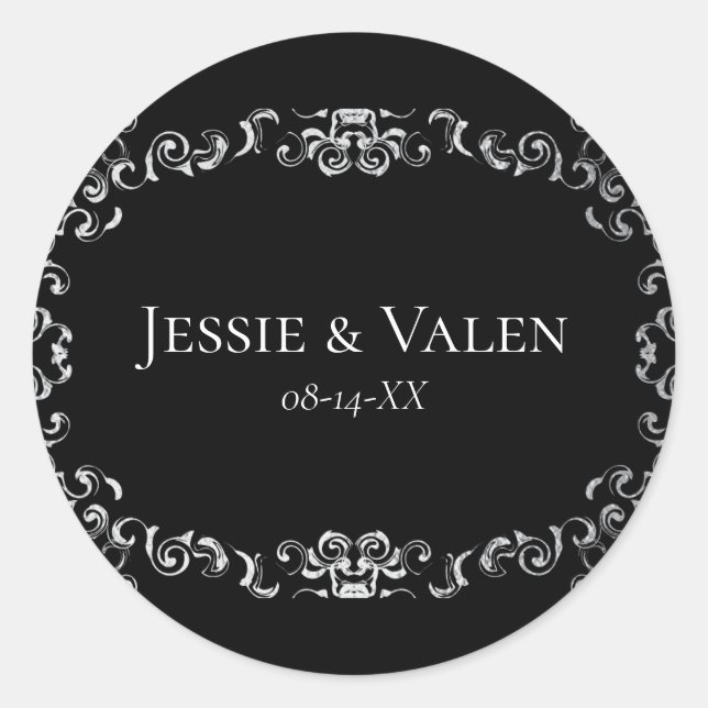 Silver & Black Swirl Gothic Wedding Runder Aufkleber (Vorderseite)