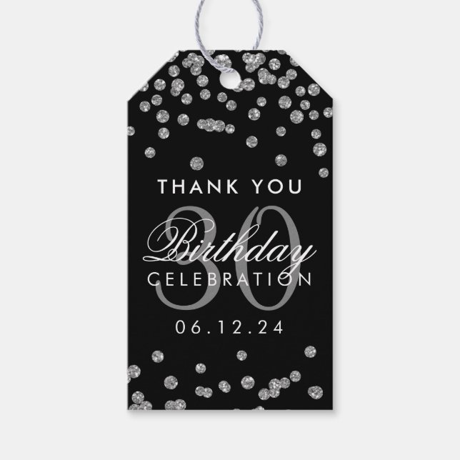 Silver Black Vielen Dank 30. Geburtstag Confetti Geschenkanhänger (Vorderseite)
