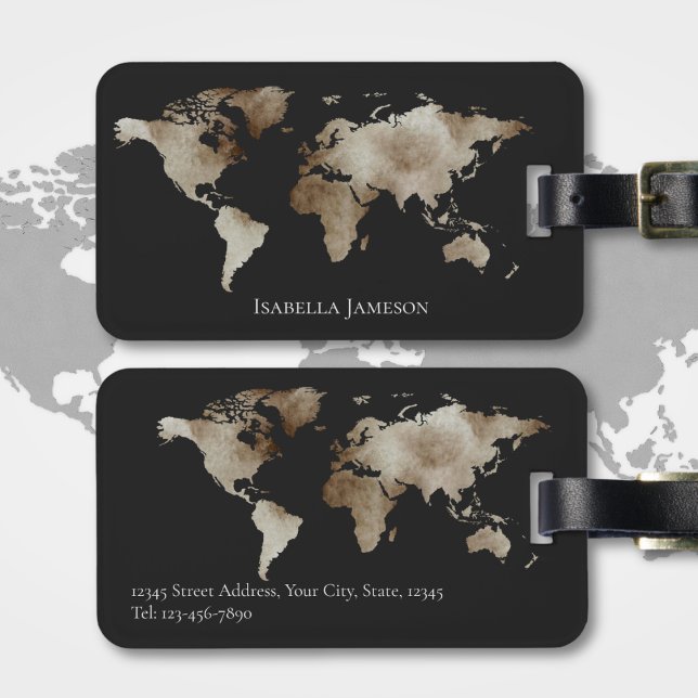 Silver Black Watercolor Weltkarte Personalisiert Gepäckanhänger (Von Creator hochgeladen)