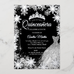 Silver Black Winter Snowflake Quinceanera Folieneinladung