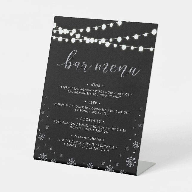 Silver & Black Winter Wedeldusche Bar Menu Sockelschild (Vorderseite)