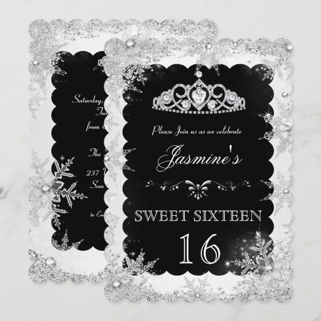 Silver Black Winter Wonderland Sweet 16 Einladung (Vorne/Hinten)