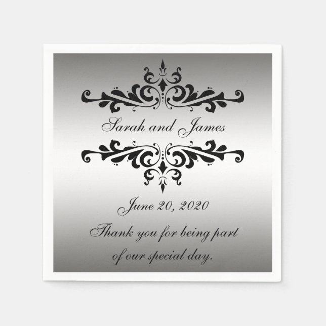 Silver Black Wirbel Vielen Dank für Ihr Hochzeitsp Serviette (Vorderseite)