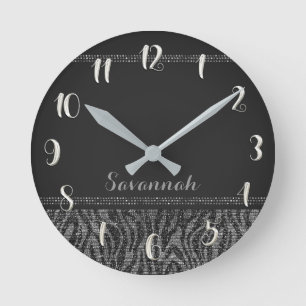 Silver Black Zebra Print Glam Sequins Glitter Runde Wanduhr