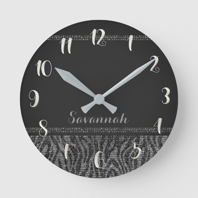 Silver Black Zebra Print Glam Sequins Glitter Runde Wanduhr (Vorderseite)