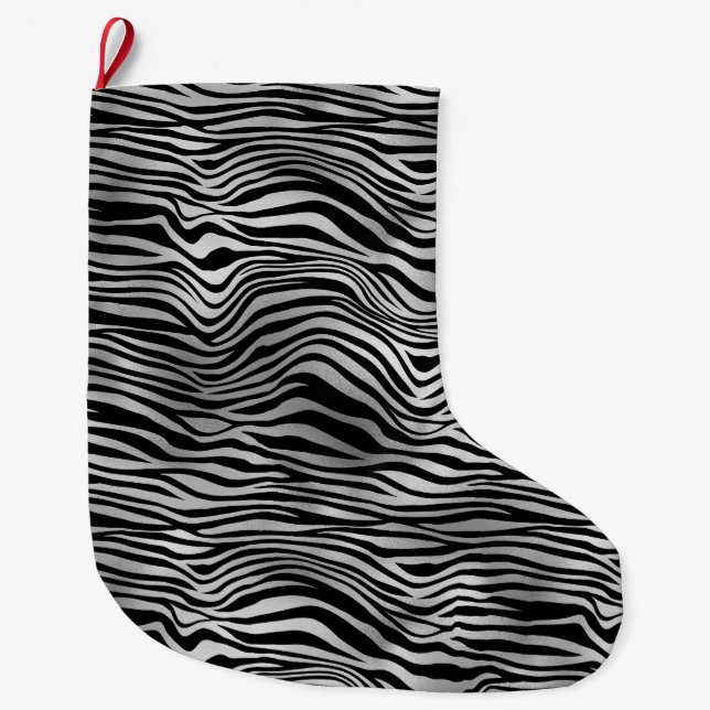 Silver Black Zebra Print Großer Weihnachtsstrumpf (Vorderseite)