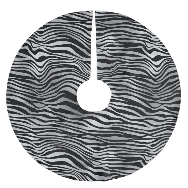 Silver Black Zebra Print Polyester Weihnachtsbaumdecke (Vorderseite)