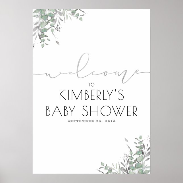 Silver Blätter Grüne Elegante Babydusche Willkomme Poster (Vorne)