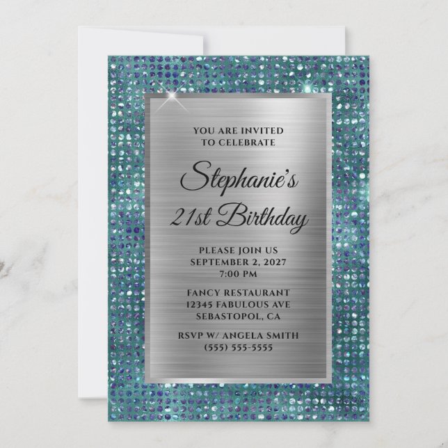 Silver Blue Aquamarin Diamond Glam Foil 21. Geburt Einladung (Vorderseite)