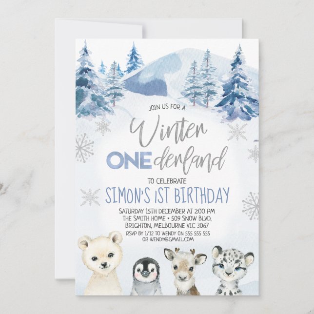 Silver Blue Arctic Winter Onederland Geburtstag Einladung (Vorderseite)