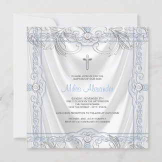 Silver Blue Baby Boy Christening White Satin Einladung