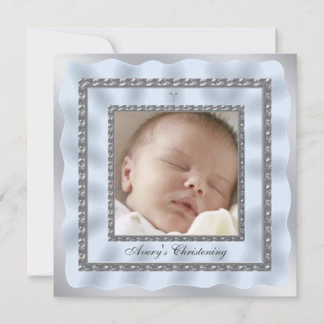 Silver Blue Baby Boy Foto Christening Taufe Einladung (Vorderseite)