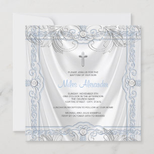 Silver Blue Baby Boys Christening White Satin Einladung