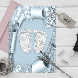 Silver Blue Baby Shower Feet Boy Glitzer Einladung