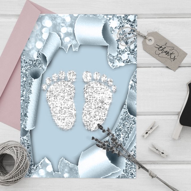 Silver Blue Baby Shower Feet Boy Glitzer Einladung (Silver Blue Baby Shower Feet Boy Glitter Invitation)