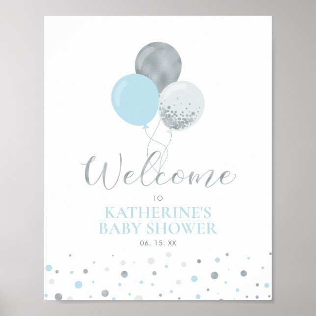 Silver & Blue Balloons | Baby-Dusche Willkommen Poster (Vorne)