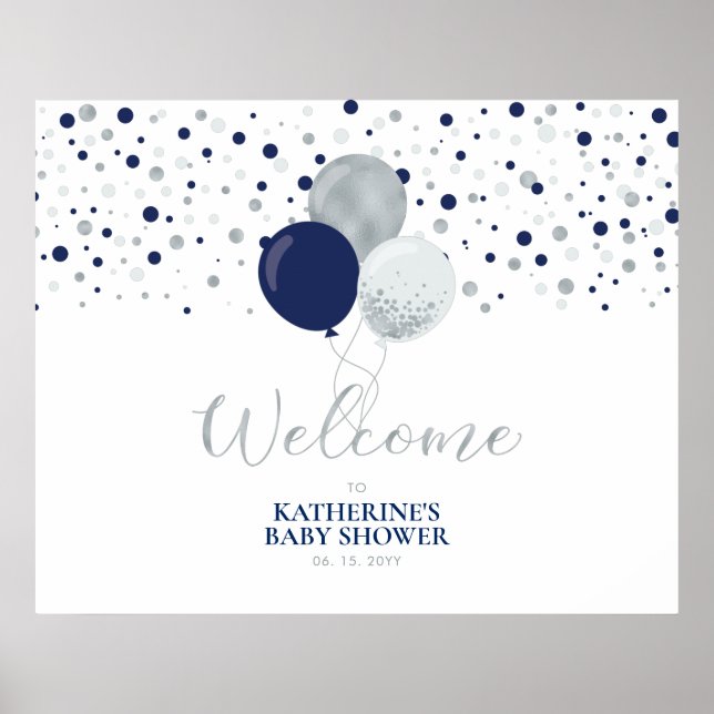 Silver & Blue Balloons Moderne Babydusche Willkomm Poster (Vorne)