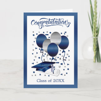 Silver Blue Balloons Mortar Cap Diploma Abschluss Karte
