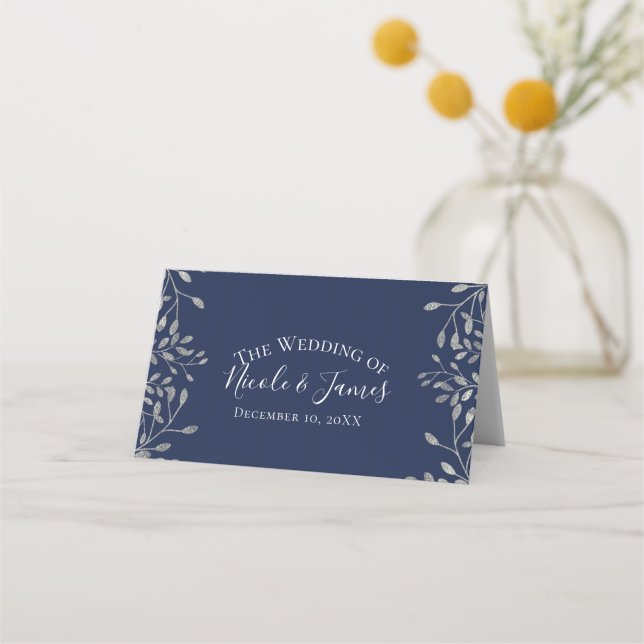 Silver & Blue Botanical Modern Wedding Table Sees Platzkarte (Vorderseite)