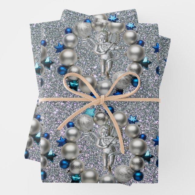 Silver Blue Christmas Wreath Cherub Geschenkpapier Set (Beispiel)
