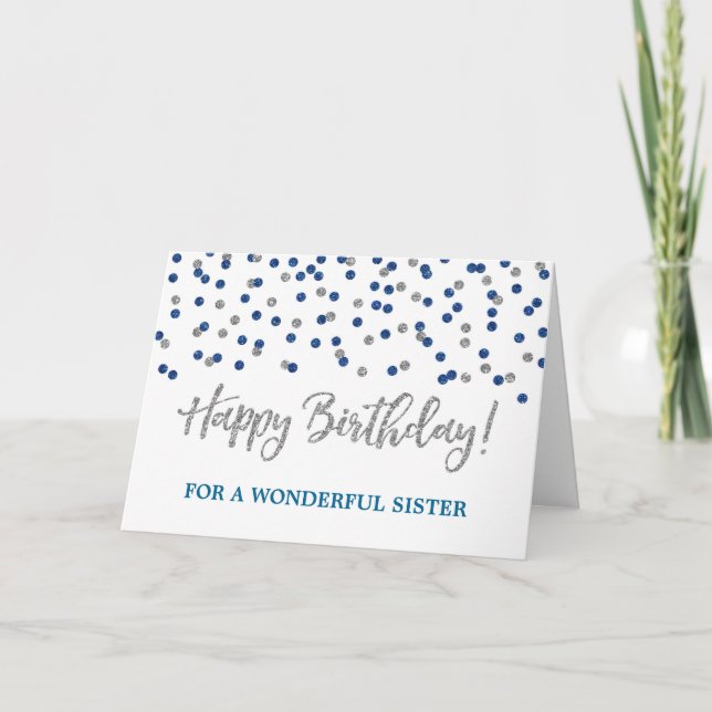 Silver Blue Confetti Sister Birthday Card Karte (Vorderseite)