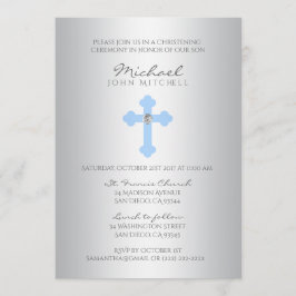 Silver Blue Cross Christening / Taufe Boy FOTO Einladung