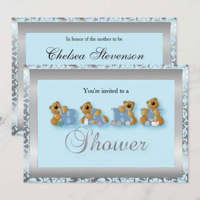 Silver & Blue Damask Teddy Bears | Babyparty Einladung (Vorne/Hinten)