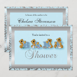 Silver & Blue Damask Teddy Bears Babyparty Einladung