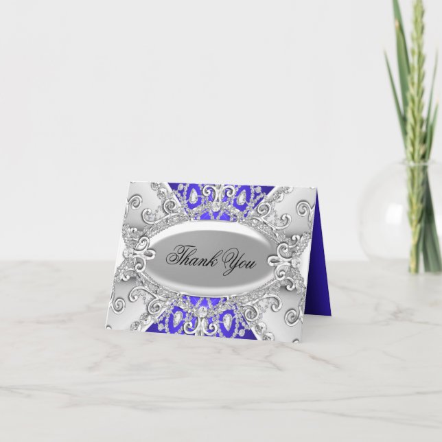 Silver & Blue Diamond Damask Danke Karte (Vorderseite)