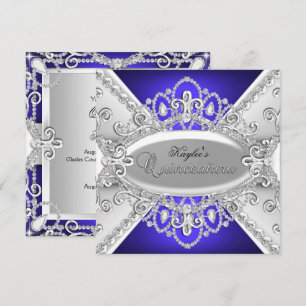 Silver & Blue Diamond Damask Quinceanera Einladung