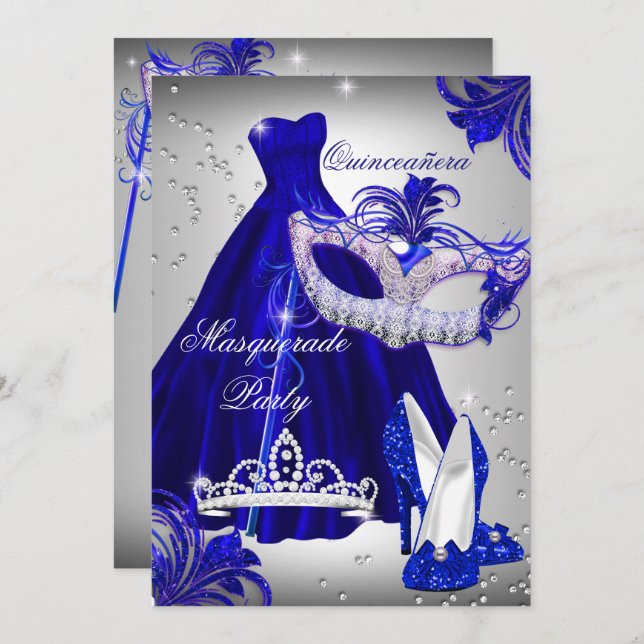 Silver & Blue Dress masquerade Quinceanera laden Einladung (Vorne/Hinten)